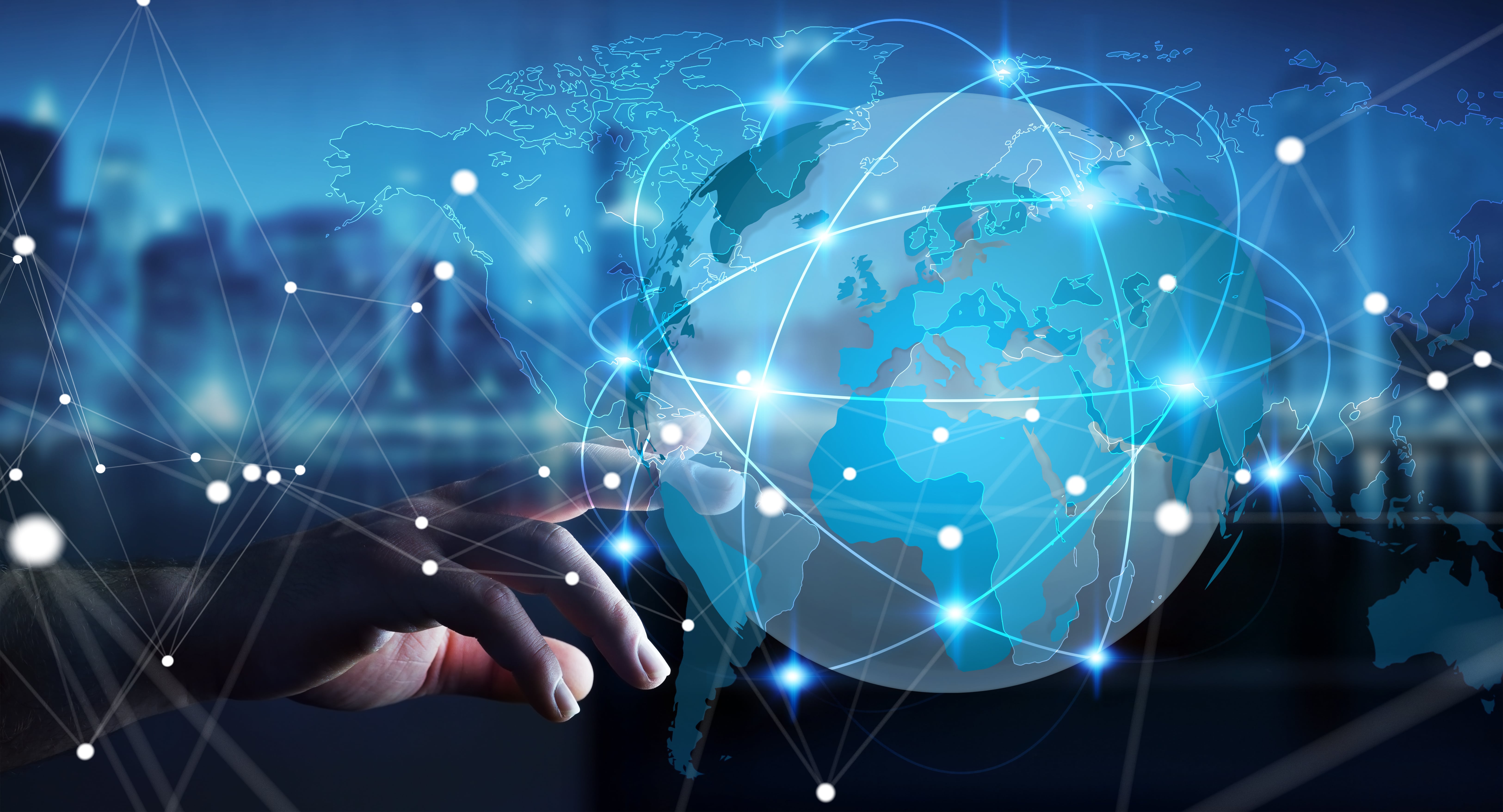 Hand touching a virtual globe that is surronded by multiple data networks circles