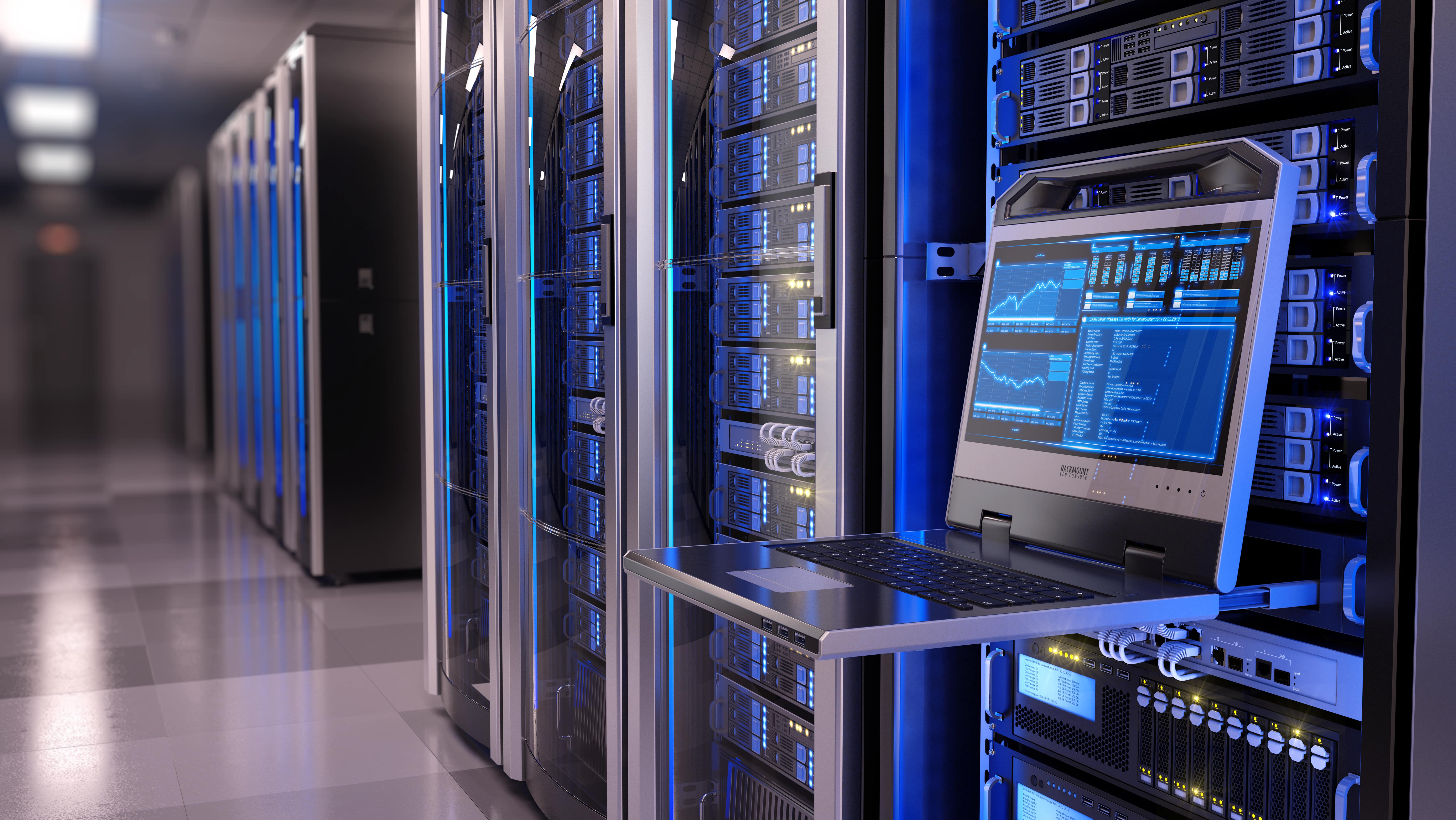 Data Rack mount LED console in a big server room