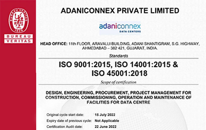 ISO Certificate awarded to AdaniConneX Data Centers