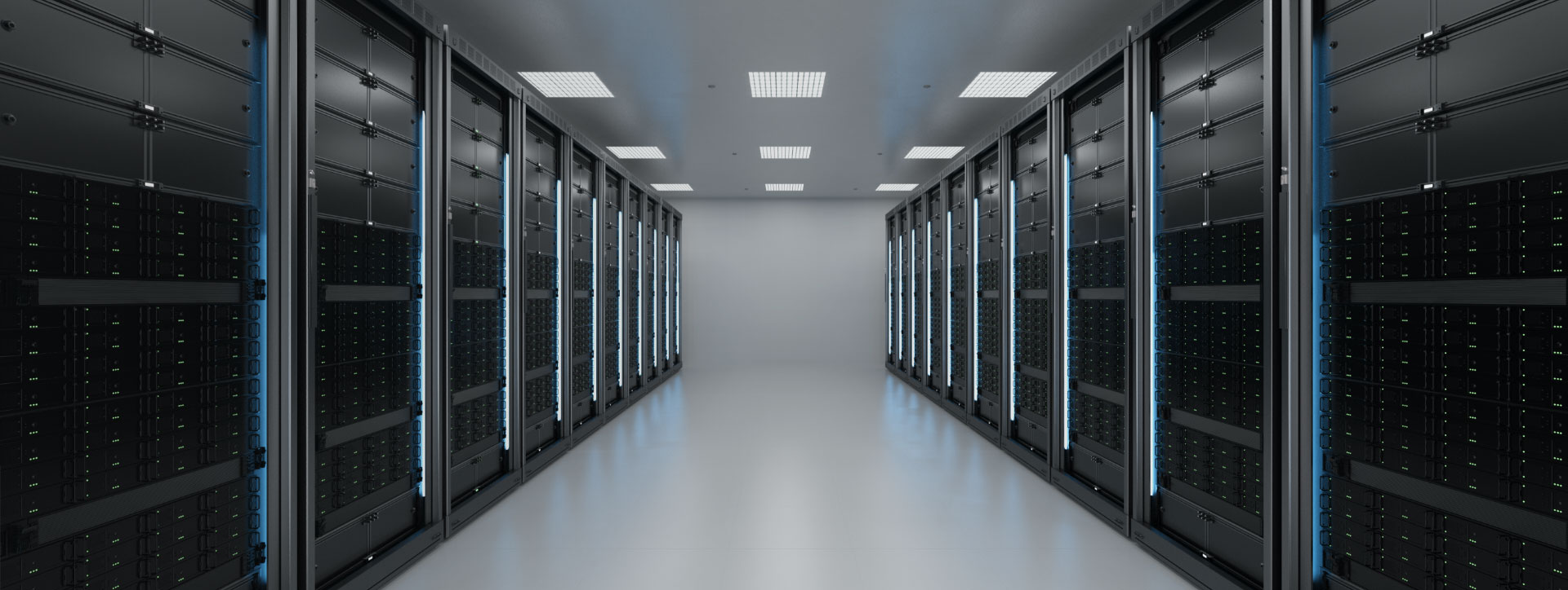 Server racks in a dark server room 