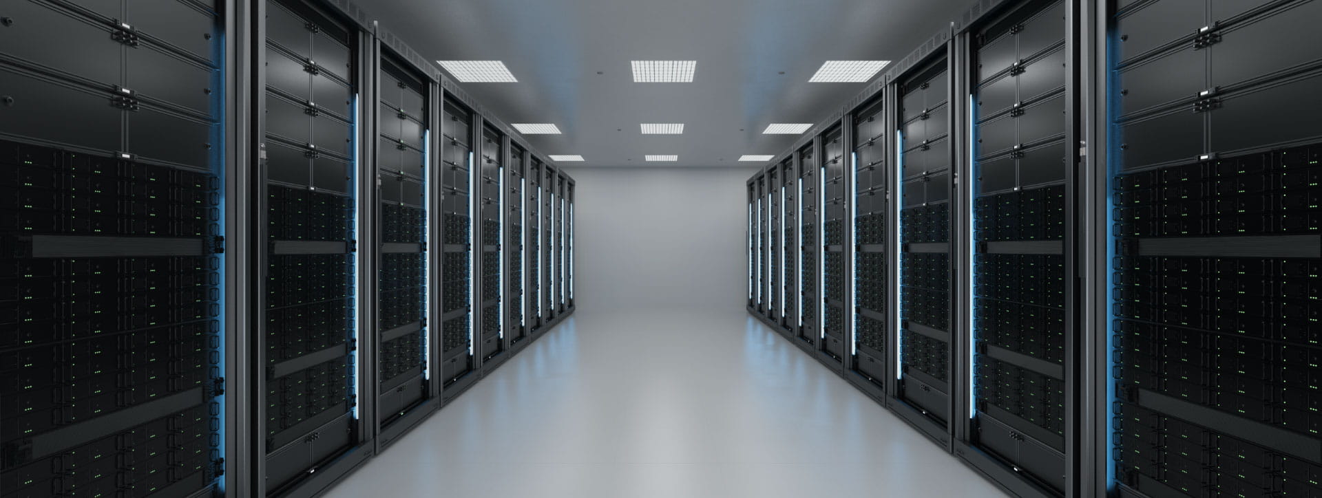 Server racks in a dark server room 